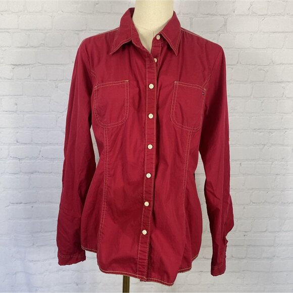 Tommy Hilfiger Tops - Tommy Hilfiger Large Burgundy Tan Contrast Stitch Button Up Shirt